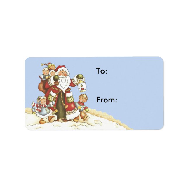 Cute Santa, omringad av Kids i Snö Blue Adressetikett (Framsidan)