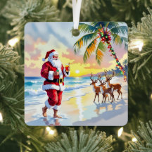 Cute Santa on Beach with Reindeer Personalized