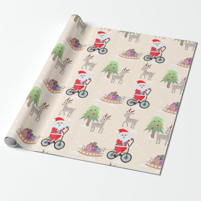 Cute Santa on Bicycle jul Mönster Presentpapper (Utrullad)