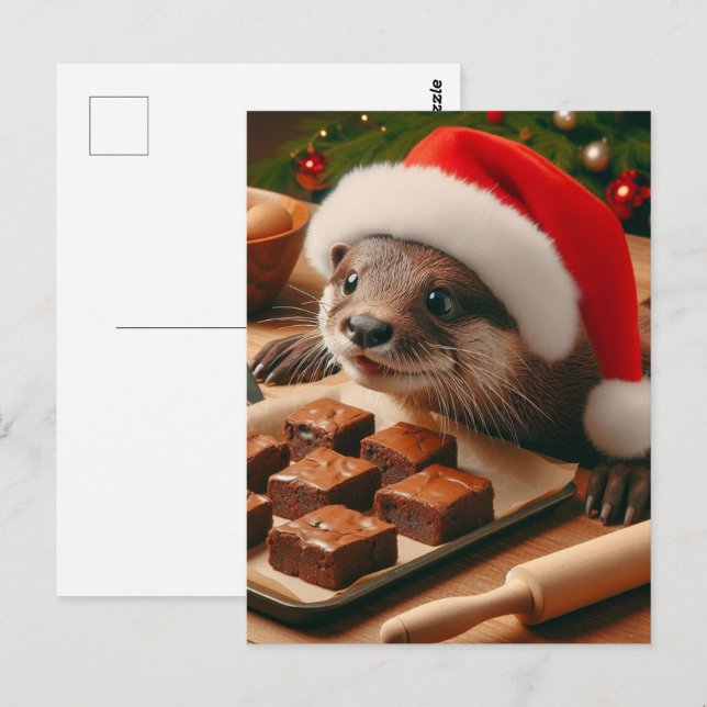 Cute Santa Otter med Brownies för jul Vykort (Fram/baksida)
