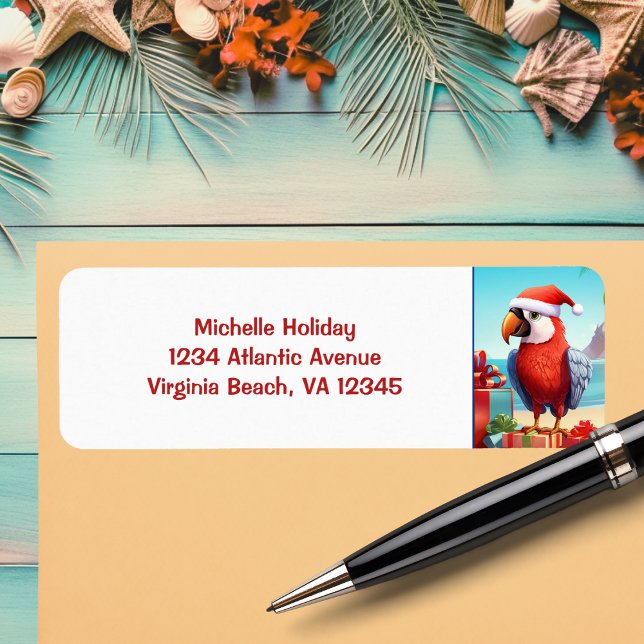 Cute Santa Parrot Tropical Beach Adress Returadress Etikett (Cute Santa Parrot Tropical Beach Christmas Address Label)