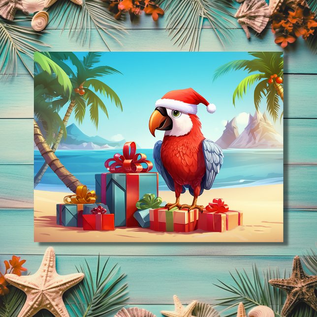Cute Santa Parrot Tropical Beach-jul Helg Vykort (Front - Cute Santa Parrot Tropical Beach Christmas Holiday Postcard)