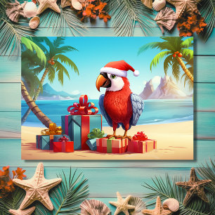 Cute Santa Parrot Tropical Beach-jul Helgkort