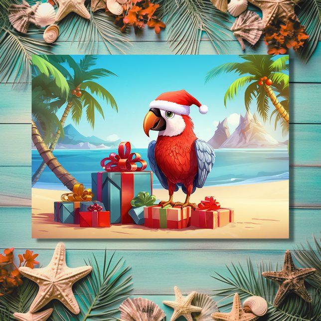 Cute Santa Parrot Tropical Beach-jul Helgkort (Front - Cute Santa Parrot Tropical Beach Christmas Holiday Card)