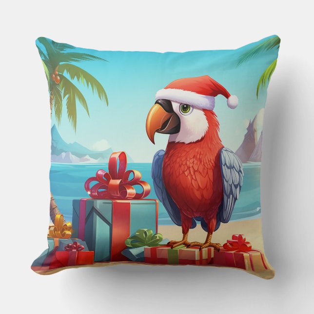 Cute Santa Parrot Tropical Beach-jul Kudde (Framsida)