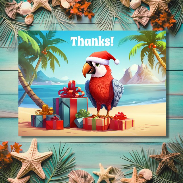 Cute Santa Parrot Tropical Beach-jul Tack Kort (Front - Cute Santa Parrot Tropical Beach Christmas Thank You Card)
