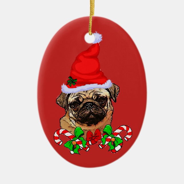 Cute Santa Pug Älskare jul Julgransprydnad Keramik (Framsidan)