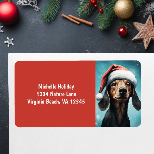 Cute Santa Puppy Hund Dachshund jul Adress Adressetikett (Cute Santa Puppy Dog Dachshund Christmas Address Label)