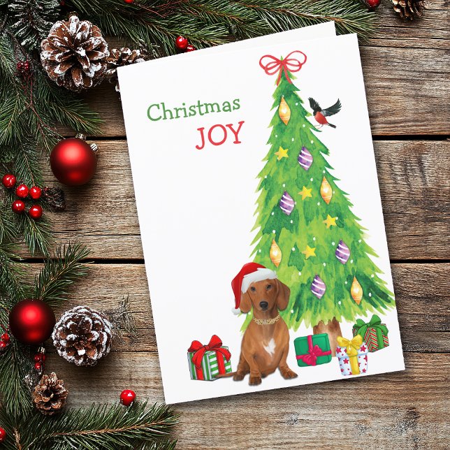 Cute Santa Red Dachshund Hund och Julgran Helgkort (Skapare uppladdad)