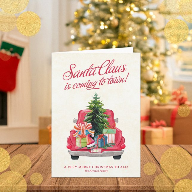 Cute Santa Red Lastbil & Träd Note Card Anteckningskort (Cute Santa Red Truck & Tree Holiday Note Card)