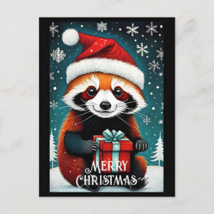 Cute Santa Red Panda Snowy Winter jul Vykort