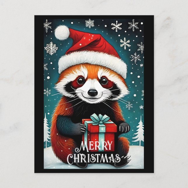 Cute Santa Red Panda Snowy Winter jul Vykort (Framsida)