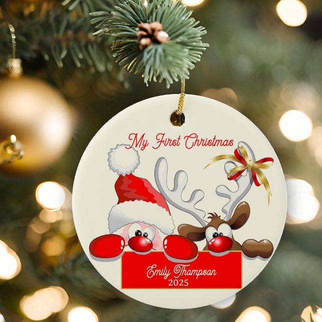 Cute Santa & Reindeer Baby:s första jul Julgransprydnad Keramik (Cute Santa & Reindeer Baby’s First Christmas Ceramic Ornament)