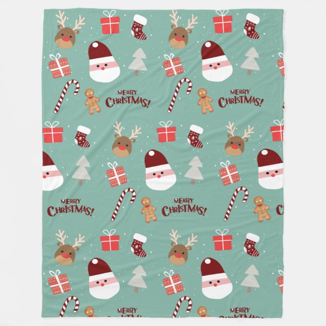 Cute Santa Reindeer Candy cane Gingerbröd Mönster Fleecefilt (Framsidan)