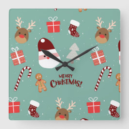 Cute Santa Reindeer Candy cane Gingerbröd Mönster Fyrkantig Klocka