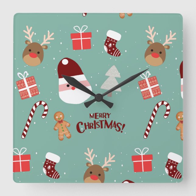 Cute Santa Reindeer Candy cane Gingerbröd Mönster Fyrkantig Klocka (Framsida)