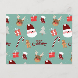Cute Santa Reindeer Candy cane Gingerbröd Mönster Helg Vykort