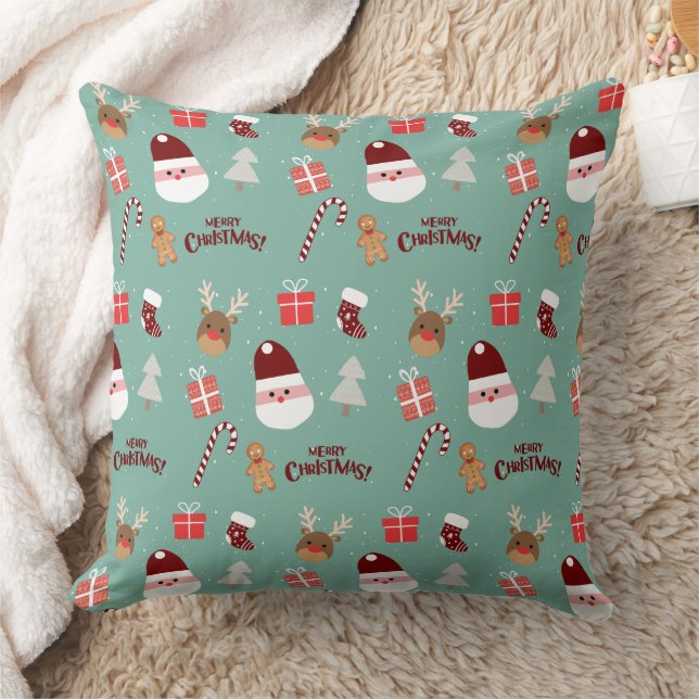 Cute Santa Reindeer Candy cane Gingerbröd Mönster Kudde (Filt)