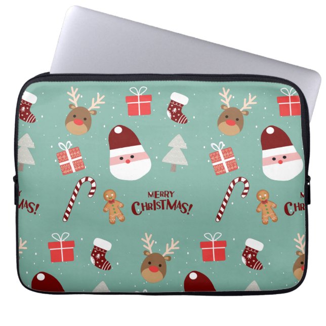 Cute Santa Reindeer Candy cane Gingerbröd Mönster Laptop Fodral (Framsidan)