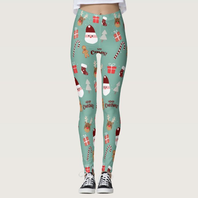 Cute Santa Reindeer Candy cane Gingerbröd Mönster Leggings (Framsida)