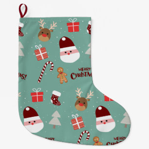 Cute Santa Reindeer Candy cane Gingerbröd Mönster Stor Julstrumpa