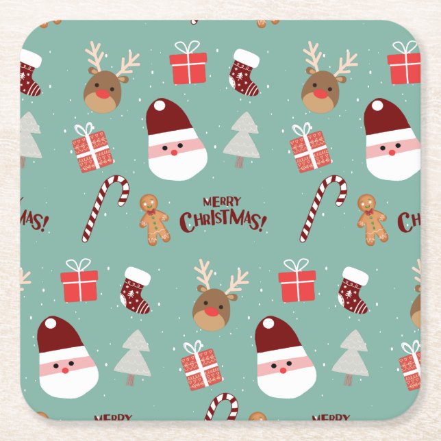 Cute Santa Reindeer Candy cane Gingerbröd Mönster Underlägg Papper Kvadrat (Framsidan)