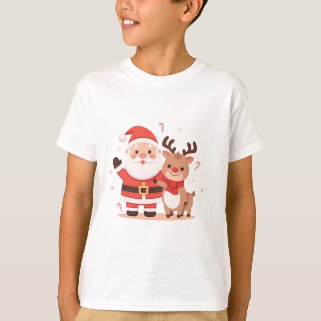 Cute Santa & Reindeer Christmas T-Shirt (Framsida)
