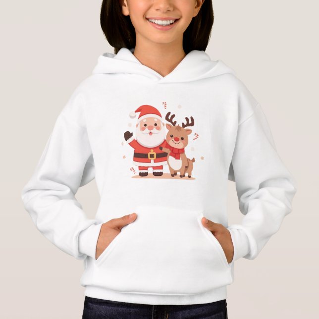 Cute Santa & Reindeer Kids Christmas Hoodie T Shirt (Framsida)