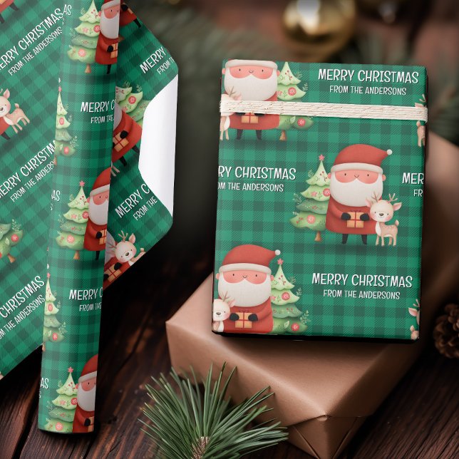 Cute Santa Reindeer Merry Christmas Name Green Presentpapper (Cute Santa Reindeer Merry Christmas Name Green Wrapping Paper)