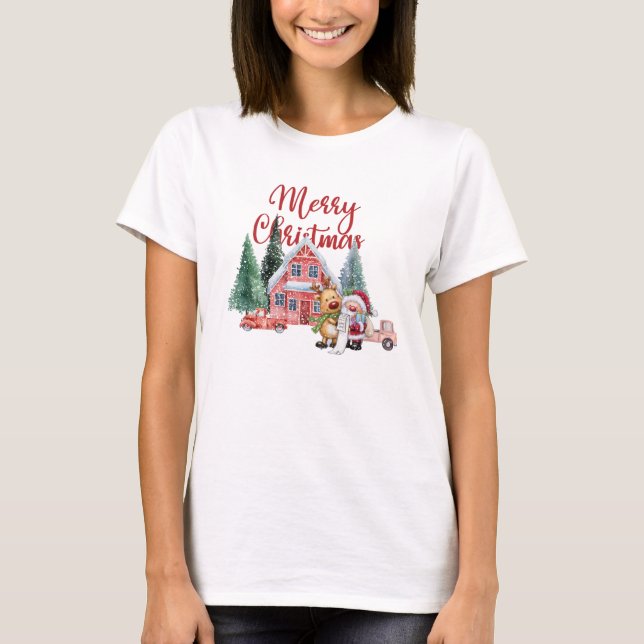 Cute Santa & Reindeer vid julhuset Holid T Shirt (Framsida)