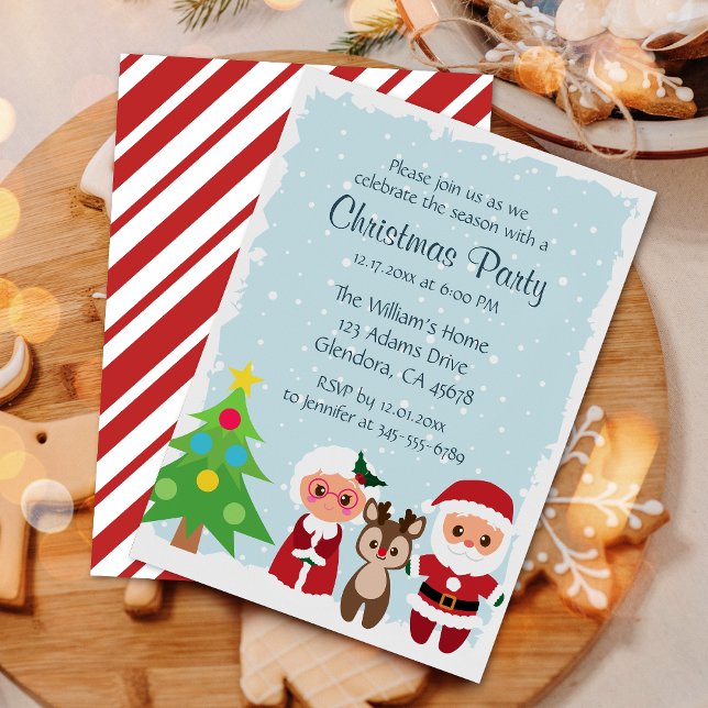 Cute Santa | Renare | Snö Flake jul Party Inbjudningar (Invite your guests with our cute Christmas party invitations featuring Santa, Mrs. Claus & reindeer!)