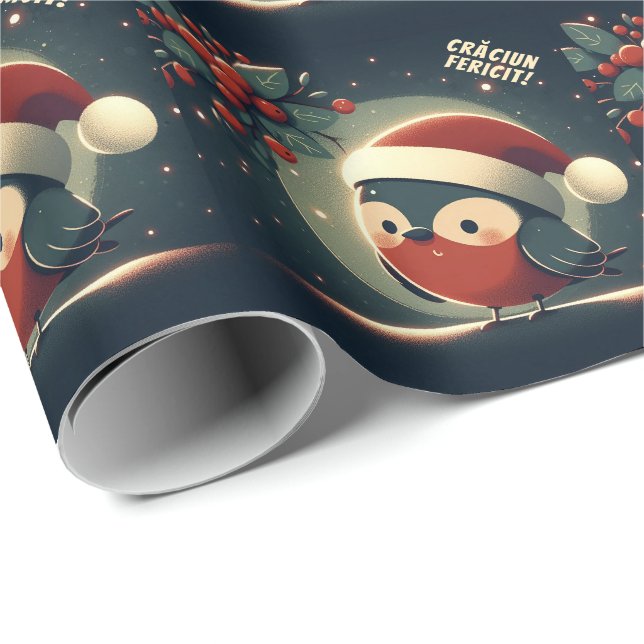 Cute Santa Robins Rumänska Flagga Presentpapper (Rullad Hörn)