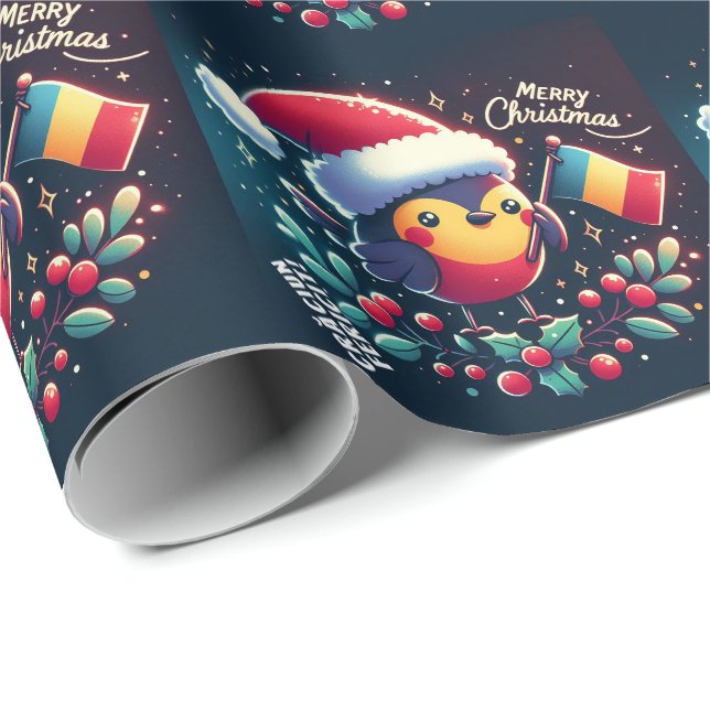 Cute Santa Robins Rumänska Flagga Presentpapper (Rullad Hörn)