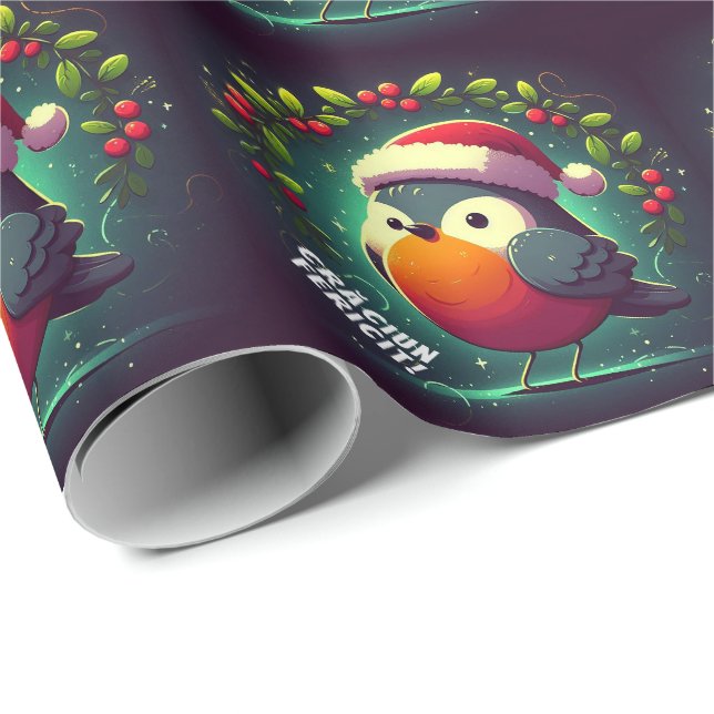 Cute Santa Robins Rumänska Flagga Presentpapper (Rullad Hörn)