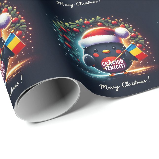 Cute Santa Robins Rumänska Flagga Presentpapper (Rullad Hörn)