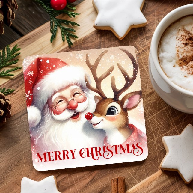 Cute Santa Rudolph Watercolor Christmas Party   Underlägg Papper Kvadrat (Cute Santa Rudolph Watercolor Christmas Party Coaster)