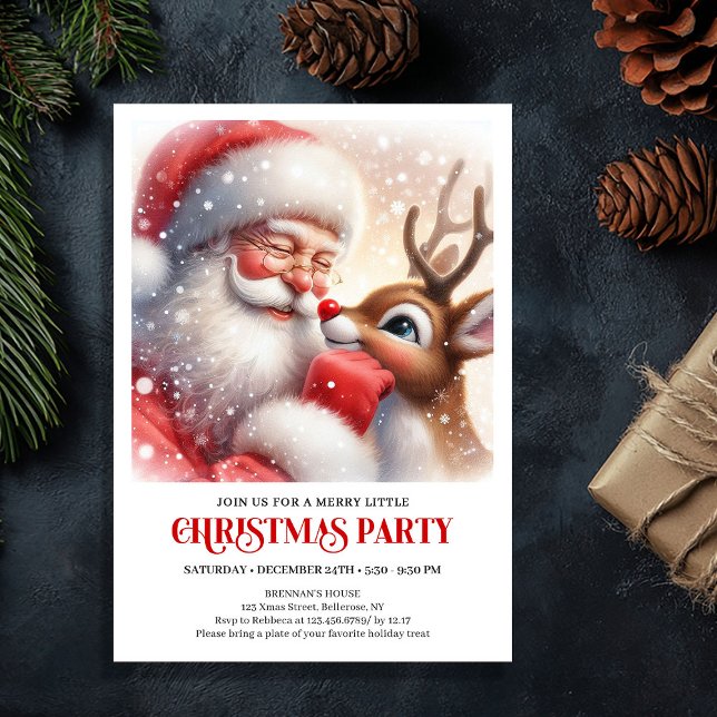 Cute Santa Rudolph Winter Christmas Party Invite Inbjudningar (Cute Santa Rudolph Winter Christmas Party Invite)