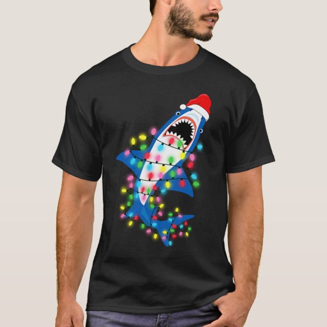 Cute Santa Shark jul Ljus Manar T-Shirt (Framsida)