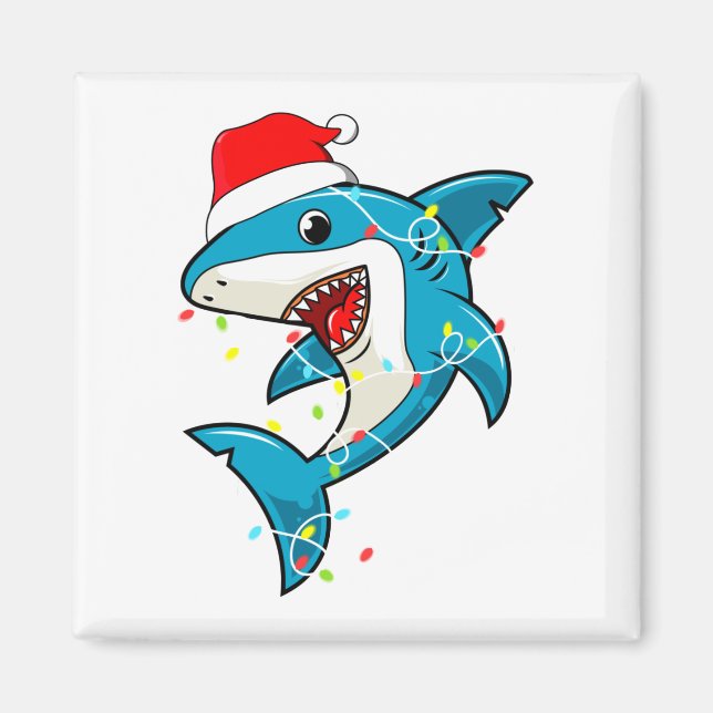 Cute Santa Shark jul Ljus Square Magnet (Framsidan)