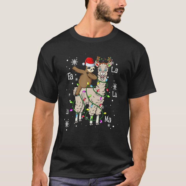 Cute Santa Sloth Riding Llama Christmas Lights Paj T Shirt (Framsida)