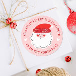Cute Santa Speciell Delivery North Pole Runt Klistermärke<br><div class="desc">En söt juldekalk med Jultomten ansikte och ord,  speciell leverans från Nordpolen. En söt helgdag-dekal för Julklapp från Santa. Designad av Blackberry Boulevard.</div>
