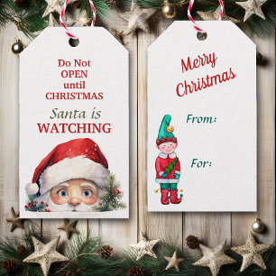 Cute Santa tittar på jul Presentetikett