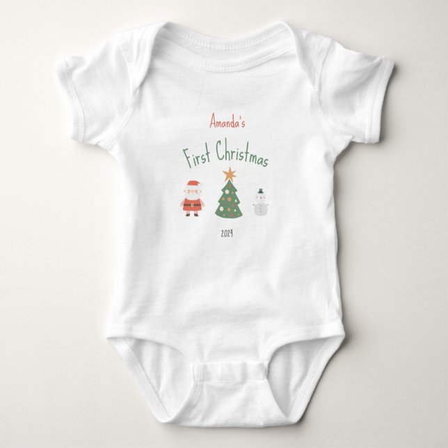Cute Santa Träd Snögubbe Baby efter första jul T Shirt (Framsida)