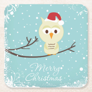 Cute Santa Uggla God jul Light Blue Underlägg Papper Kvadrat