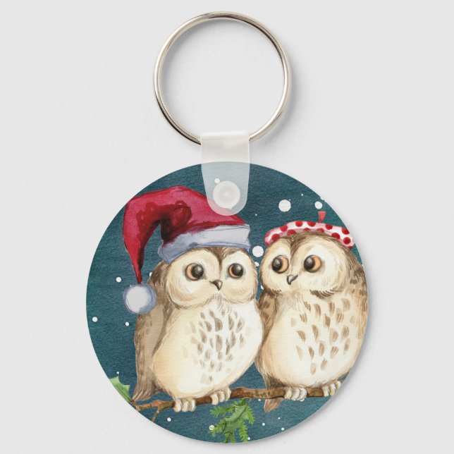 Cute Santa Uggla med hattar Nyckelring (Framsida)