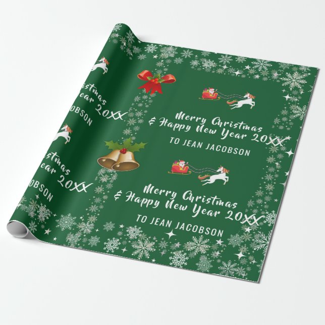 Cute Santa Unicorn Modern Script Holly Personalize Presentpapper (Utrullad)