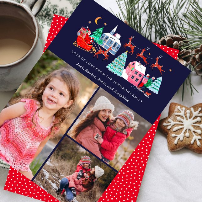 Cute Santa Vintage jul 3 foton Julkort (Cute Santa Vintage Christmas 3 Photos Holiday Card)