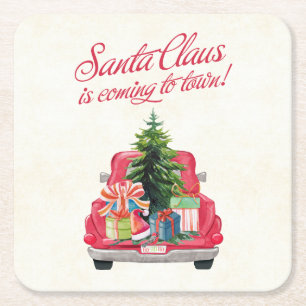 Cute Santa's Vintage Red Farm Lastbil Underlägg Papper Kvadrat