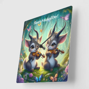 Cute Saolas spelar Violas i en magisk skog Fyrkantig Klocka