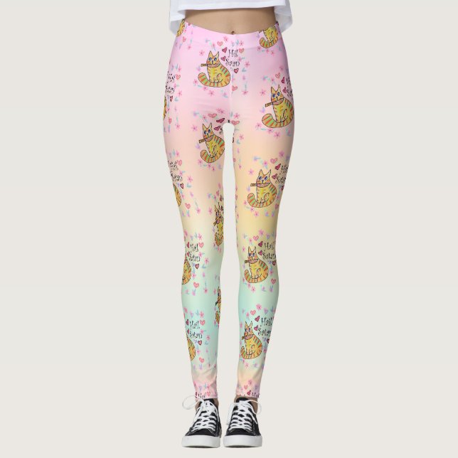 Cute sarcastic tecknad kattunge hail Satan Leggings (Framsida)